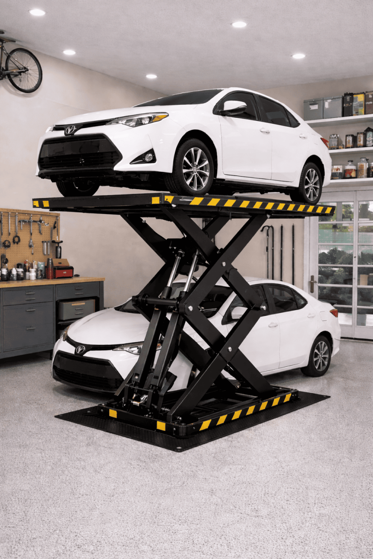 Elevador de estacionamiento residencial compacto y seguro elevando un auto en garaje doméstico ordenado y reducido