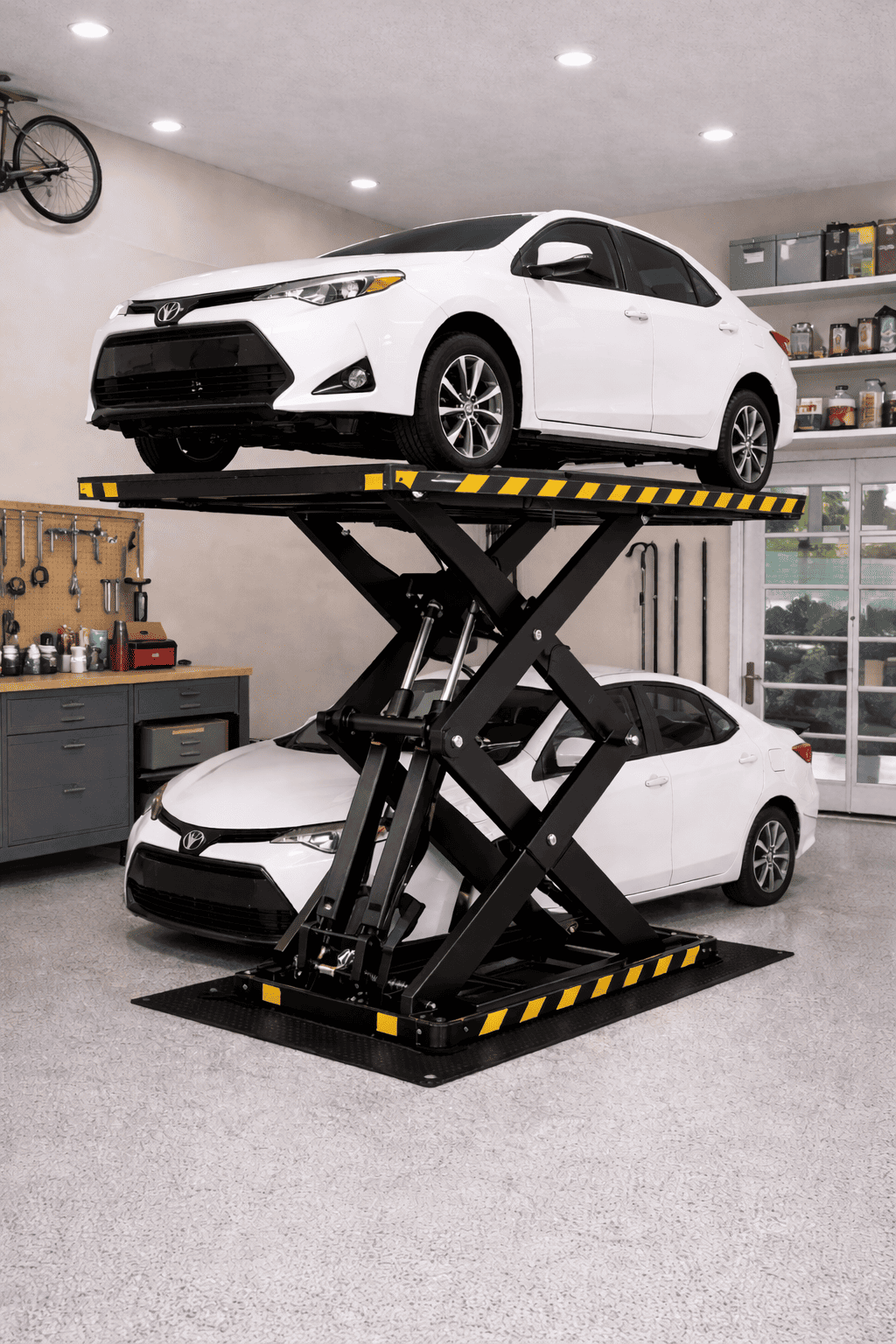 Elevador de estacionamiento residencial compacto y seguro elevando un auto en garaje doméstico ordenado y reducido