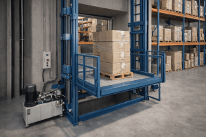 Elevador montacargas hidráulico industrial en almacén con plataforma de carga y sistema hidráulico visible