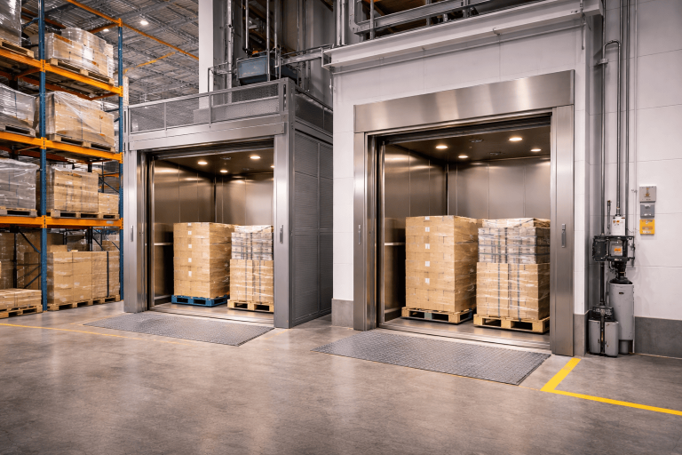 Montacargas eléctricos e hidráulicos para pymes operando en bodega moderna con pallets y estructura industrial