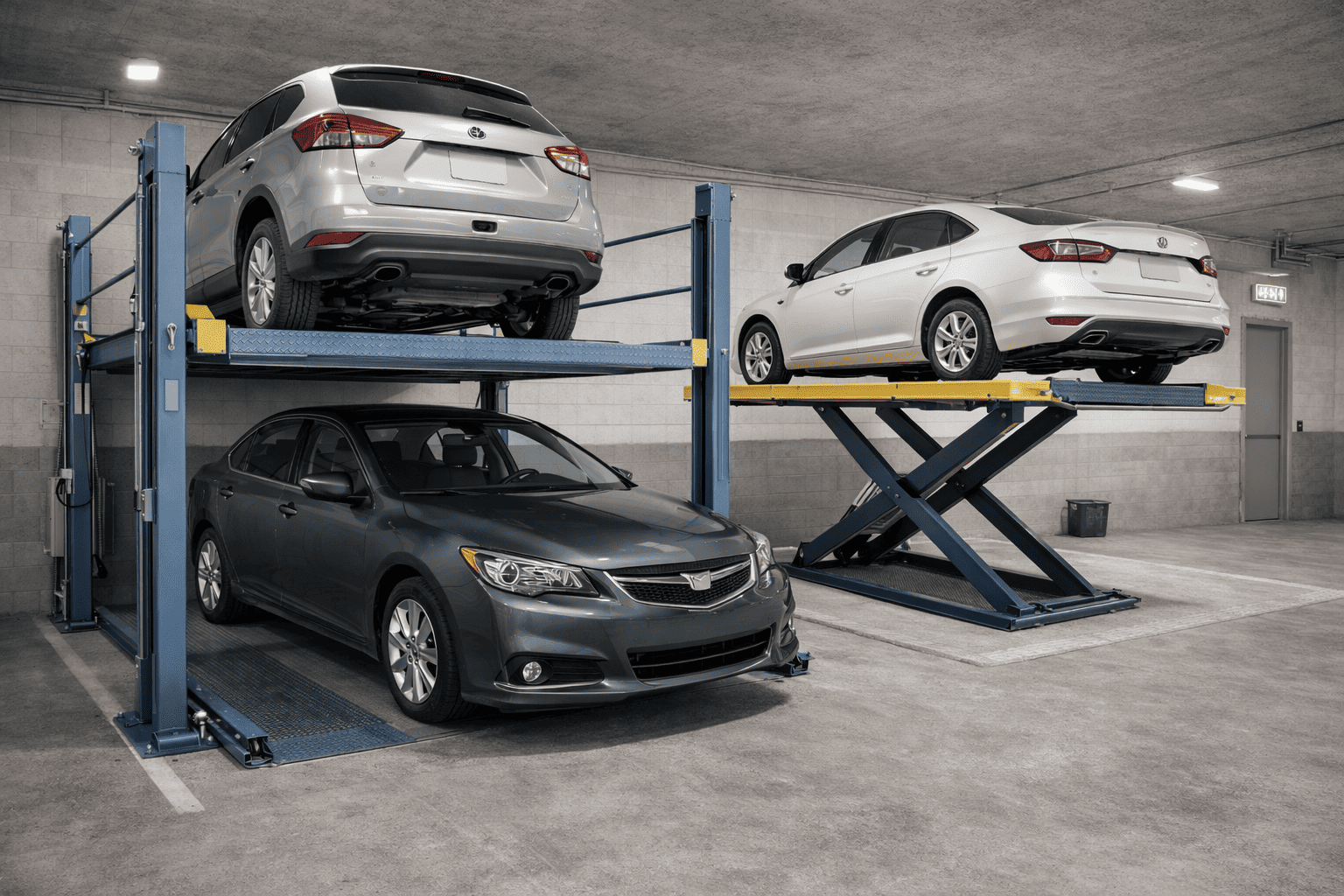 Elevador de plataforma para autos residenciales junto a elevador tipo tijera en garaje compacto con dos vehículos