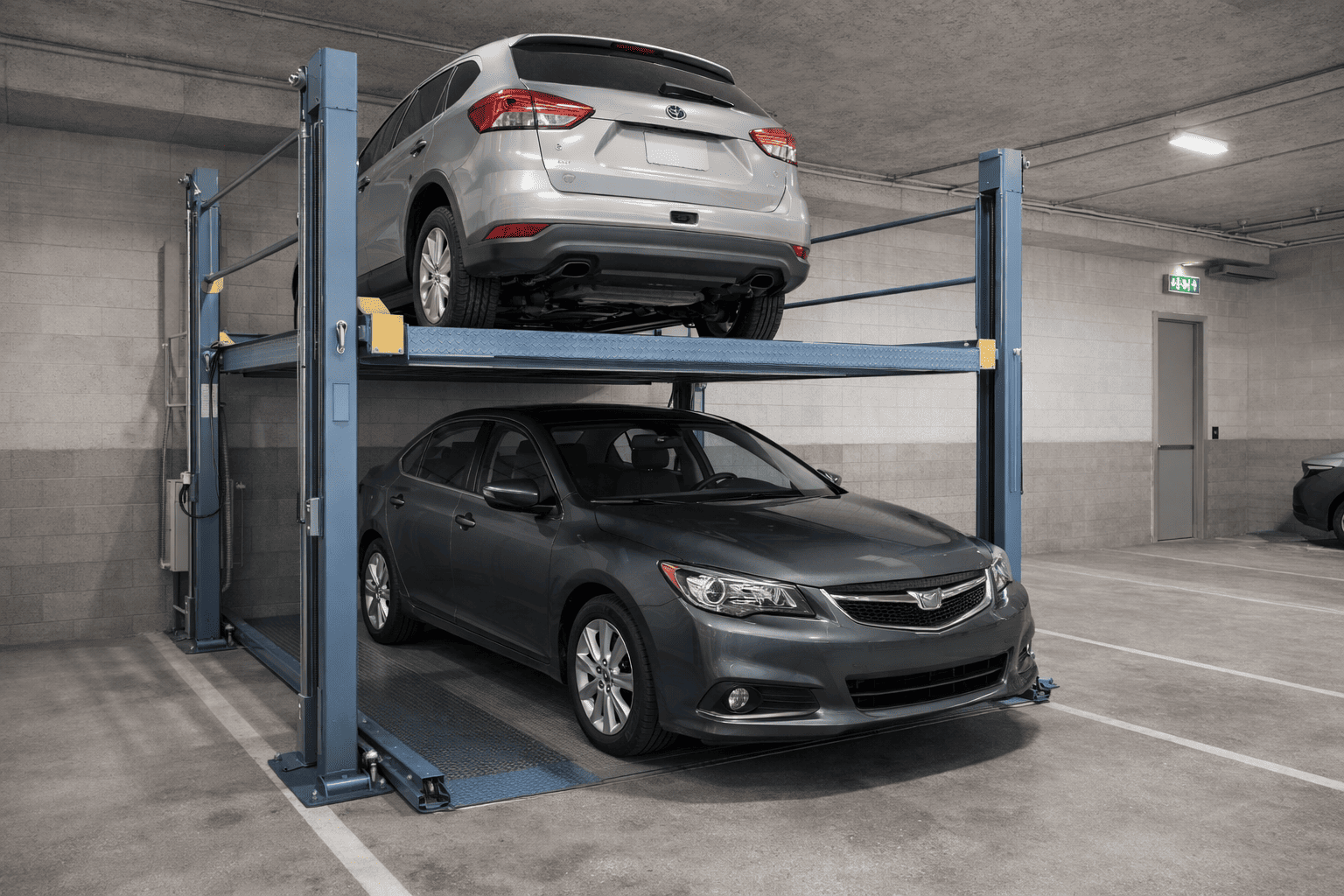 Elevador para autos en garajes pequeños instalado en taller compacto con vehículo elevado y columnas hidráulicas visibles