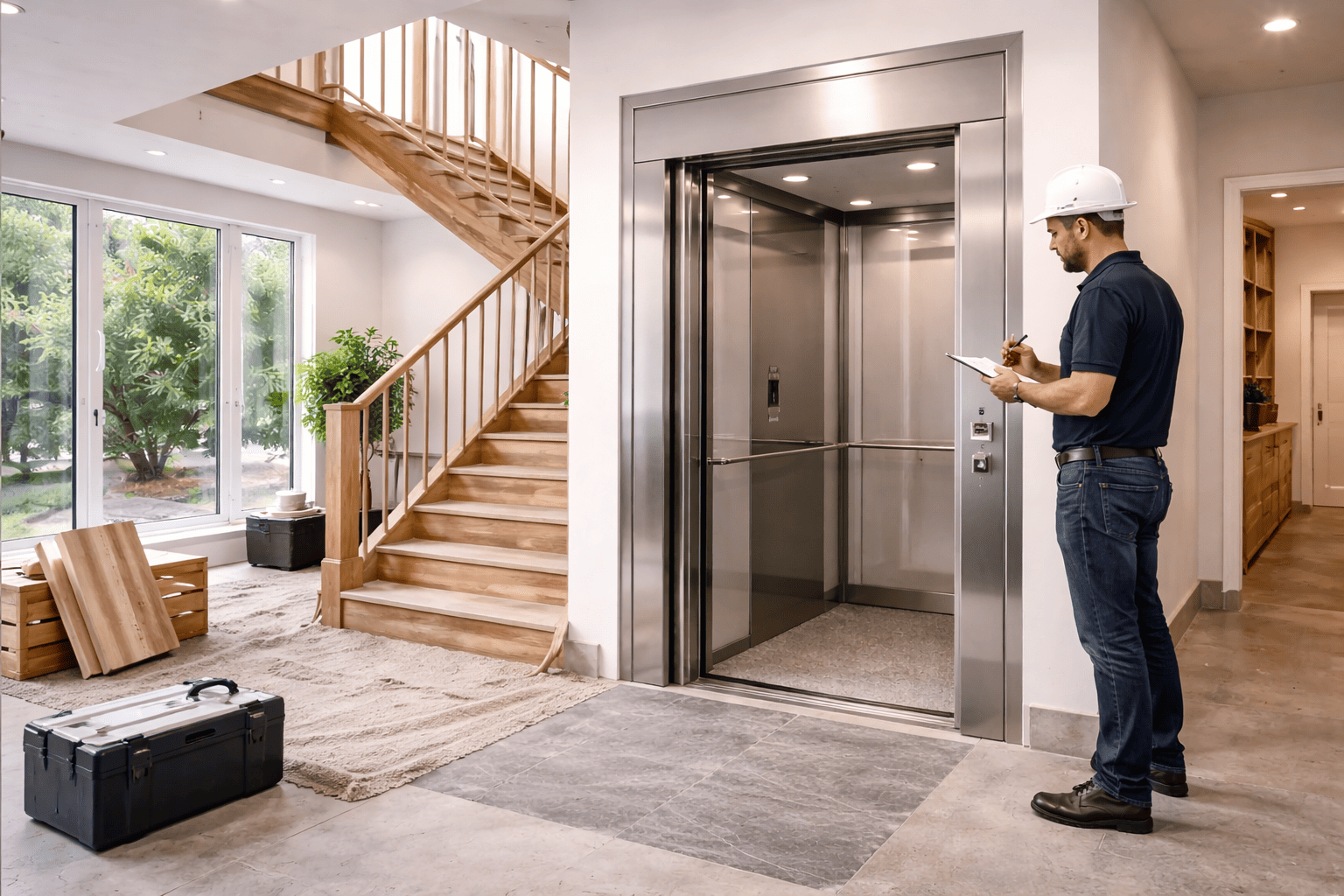 Elevador residencial moderno en vivienda de dos pisos con técnico inspeccionando instalación durante evaluación previa