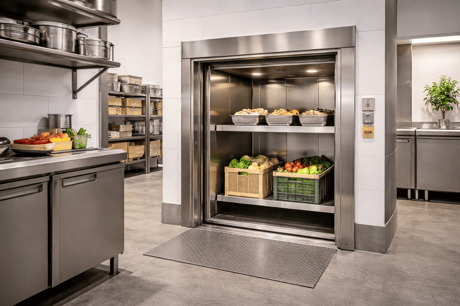 Montacargas para restaurantes y cocinas profesionales en área de servicio elevando bandejas y cajas de alimentos