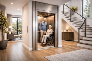 Elevadores para casa para adultos mayores instalados en vivienda moderna con cabina accesible y puertas amplias
