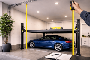 Elevador de autos residencial con cinta métrica y nivel midiendo altura libre en cochera moderna iluminada