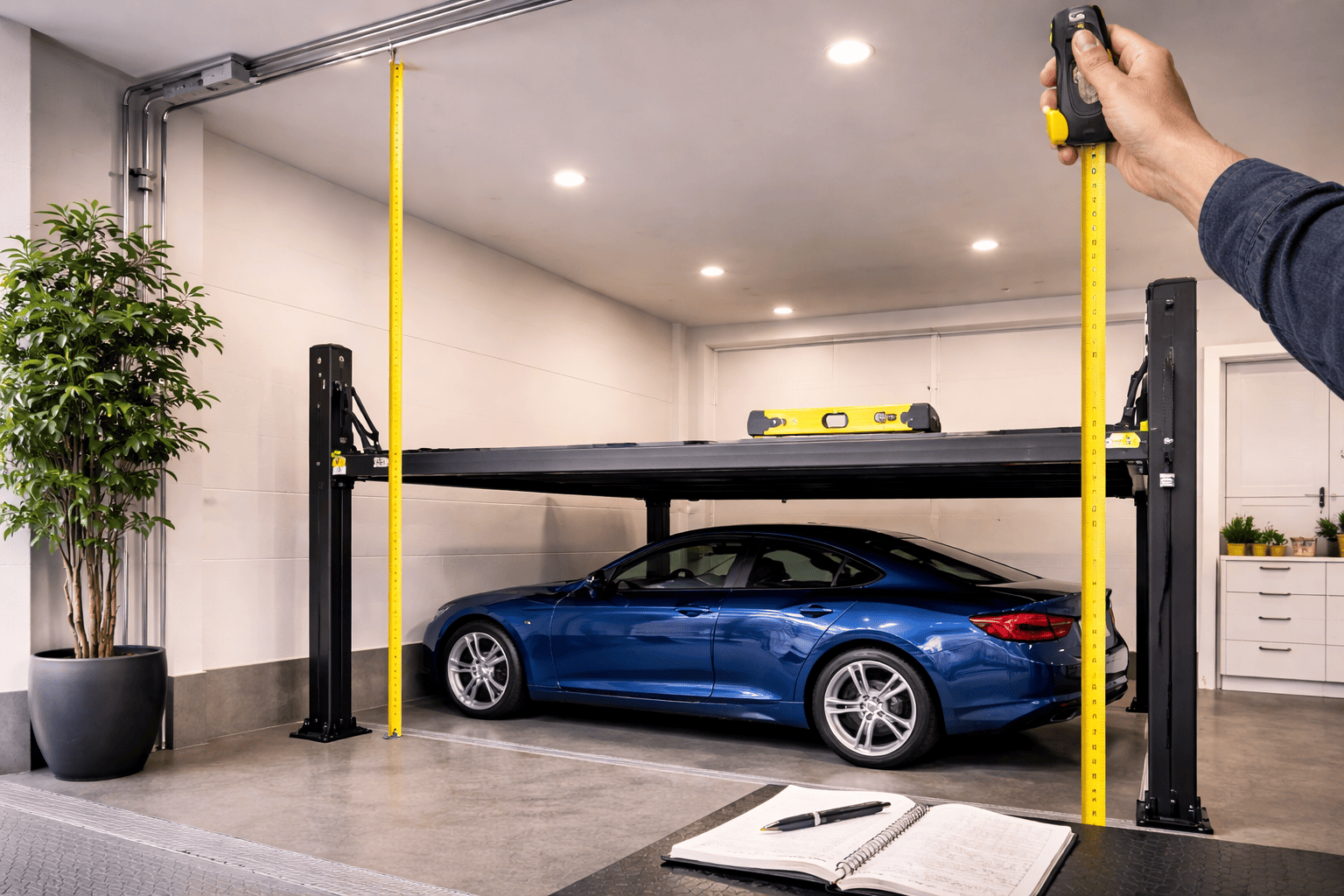Elevador de autos residencial con cinta métrica y nivel midiendo altura libre en cochera moderna iluminada