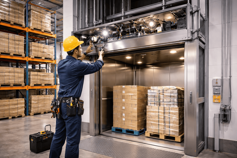 Técnico realizando mantenimiento preventivo de montacargas industrial en bodega con pallets y estructura metálica