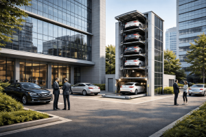 Estacionamiento mecánico en edificio corporativo con torre vertical y vehículos apilados en entorno empresarial moderno