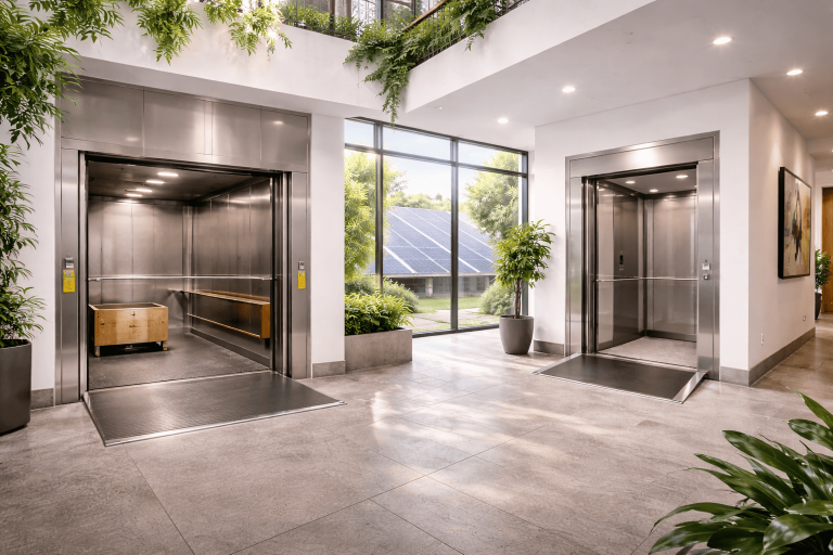 Montacargas y elevador residencial ecológicos en edificio sostenible con luz natural, vegetación interior y paneles solares