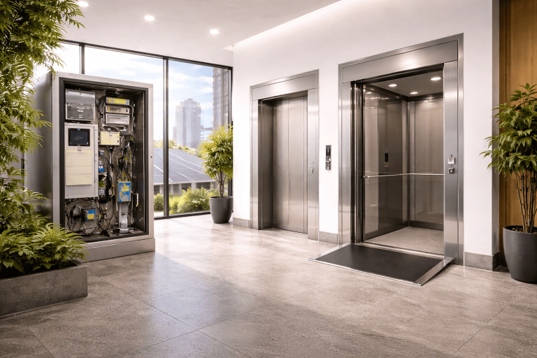 elevadores regenerativos de bajo consumo para edificios comerciales con sistemas eléctricos visibles y entorno moderno