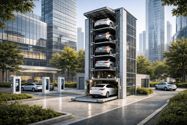 Sistema robótico de estacionamiento para smart cities con torre automatizada y entorno urbano futurista