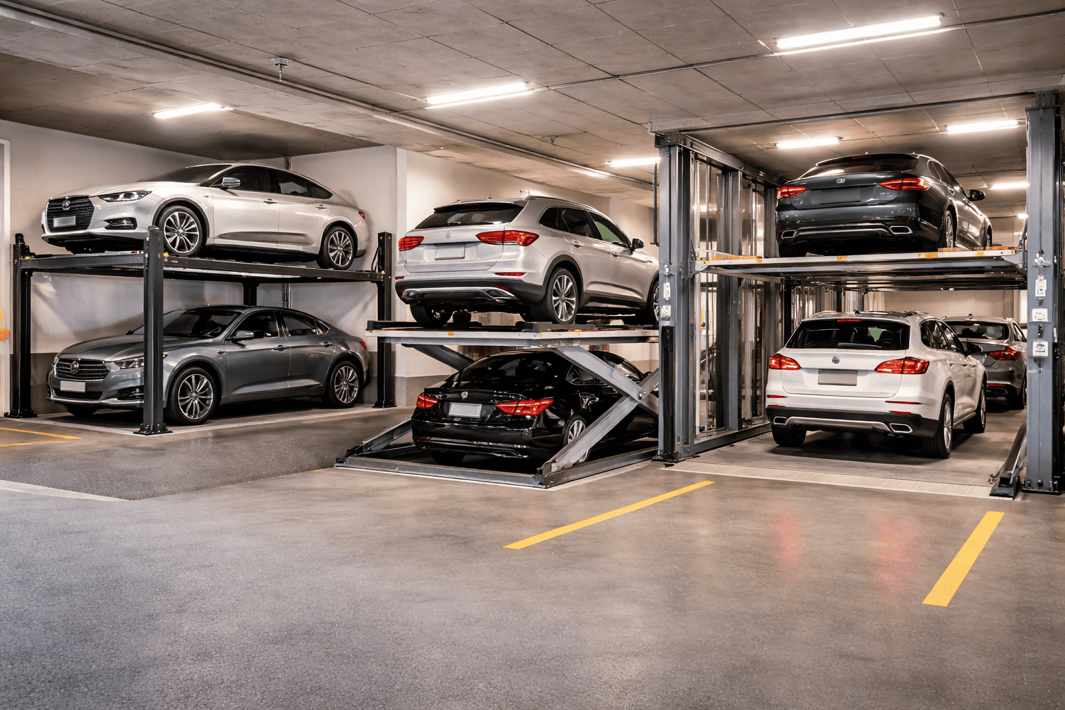 Elevadores para autos en estacionamientos residenciales y edificios levantando vehículos en parking subterráneo moderno