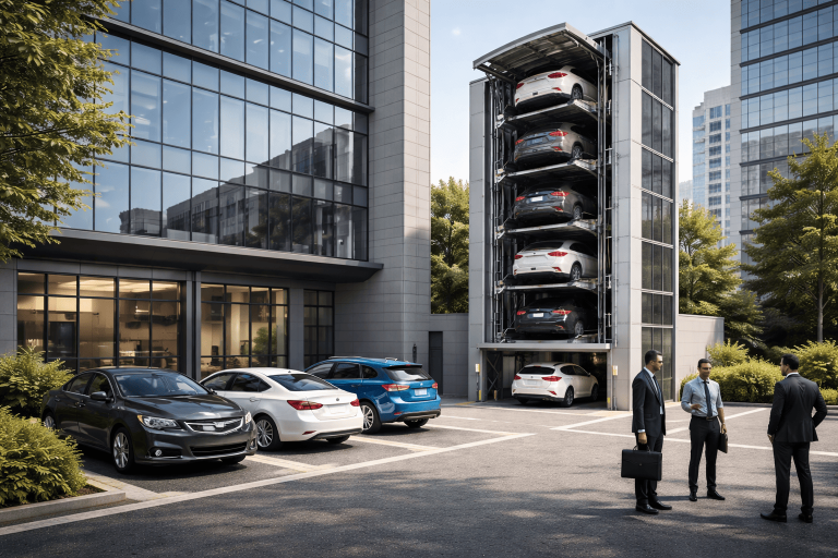 Sistema de estacionamiento vertical para empresas con torre automatizada y flota corporativa en edificio moderno