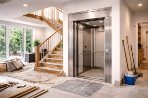 Elevador residencial instalado durante remodelación familiar en vivienda moderna de dos pisos con iluminación natural