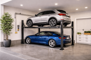 Elevador para autos residencial en cochera doméstica levantando vehículo moderno en garaje amplio y bien iluminado