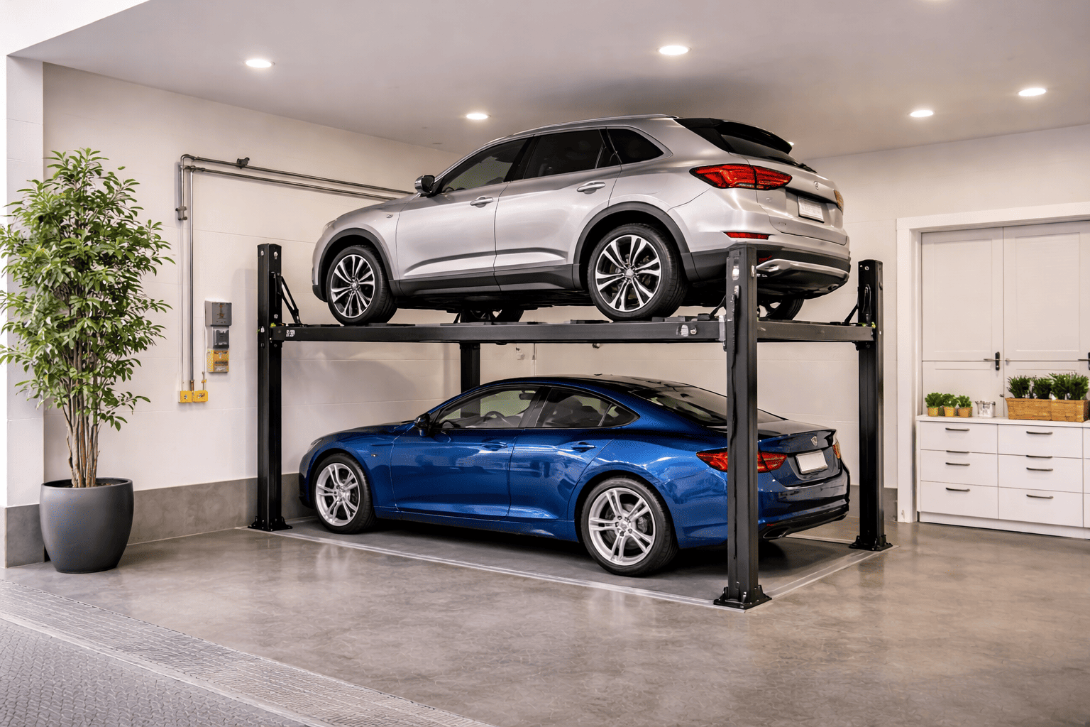 Elevador para autos residencial en cochera doméstica levantando vehículo moderno en garaje amplio y bien iluminado