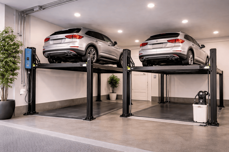 Elevador residencial eléctrico y hidráulico en vivienda moderna mostrando dos sistemas instalados en garaje doméstico