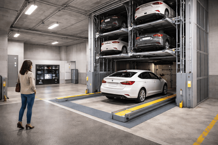 Estacionamiento vertical automatizado para edificios con torre metálica y autos almacenados en varios niveles