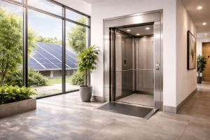 Elevador ecológico moderno en edificio sostenible con iluminación natural y paneles solares visibles en entorno corporativo