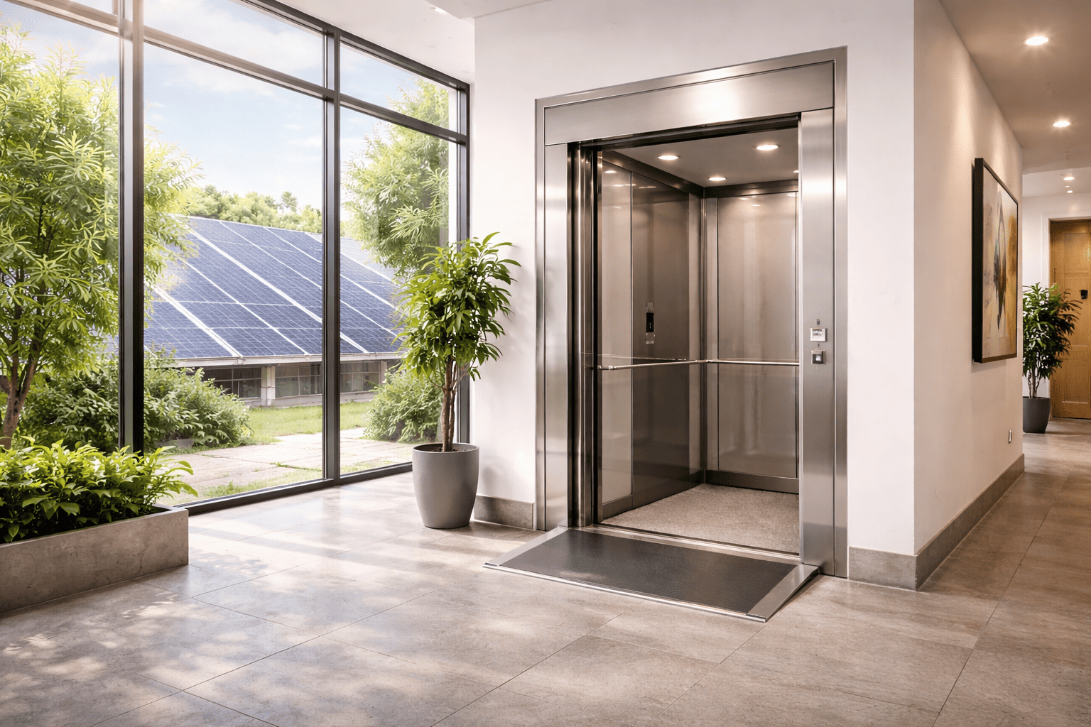 Elevador ecológico moderno en edificio sostenible con iluminación natural y paneles solares visibles en entorno corporativo