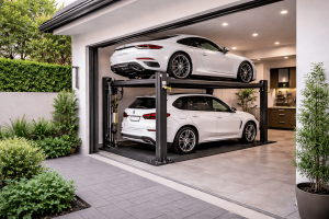 Parking lift residencial para casas con terrenos reducidos instalado en garaje compacto con dos autos en vertical