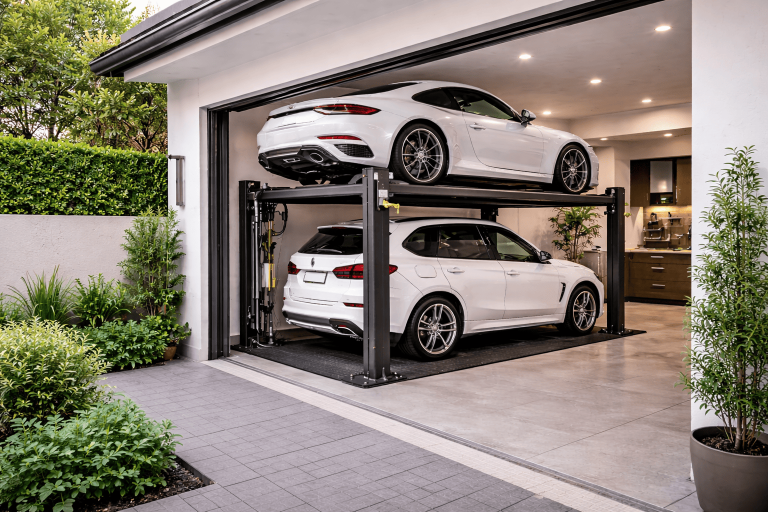 Parking lift residencial para casas con terrenos reducidos instalado en garaje compacto con dos autos en vertical
