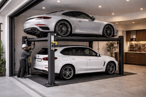 Elevador para autos en casa con requisitos estructurales instalado en garaje residencial moderno con plataforma hidráulica