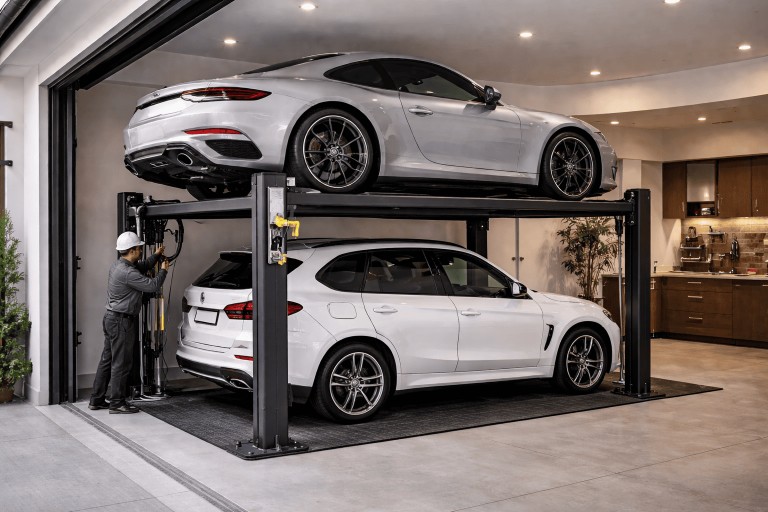 Elevador para autos en casa con requisitos estructurales instalado en garaje residencial moderno con plataforma hidráulica