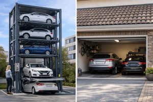 Sistema de estacionamiento vertical residencial instalado en vivienda comparado con cochera tradicional para dos vehículos