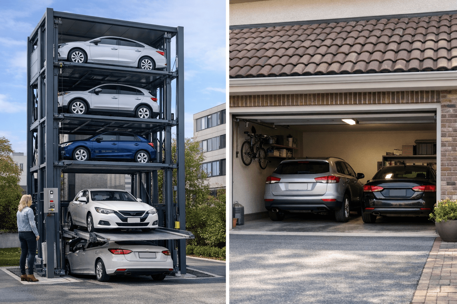 Sistema de estacionamiento vertical residencial instalado en vivienda comparado con cochera tradicional para dos vehículos