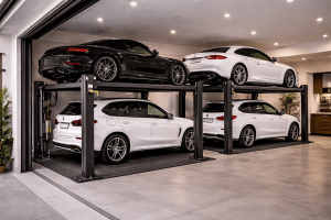 Parking lift hidráulico o eléctrico para vivienda instalado en garaje moderno con dos plataformas elevando autos