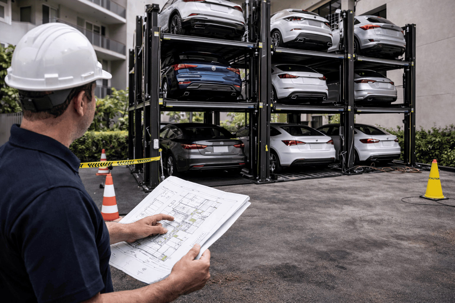 Torres de estacionamiento automatizadas para complejos habitacionales en instalación con varios niveles y autos apilados en estructura