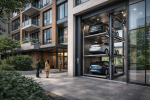 sistemas de estacionamiento vertical para desarrolladores inmobiliarios en edificio residencial moderno