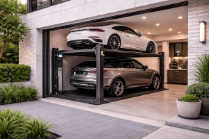 Parking lift integrado en viviendas unifamiliares modernas dentro de garaje arquitectónico con dos autos en plataformas