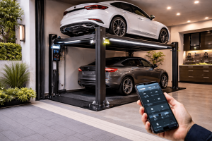 Parking lift inteligente automatizado para vivienda en garaje moderno con sensores, iluminación LED y plataforma elevando un auto