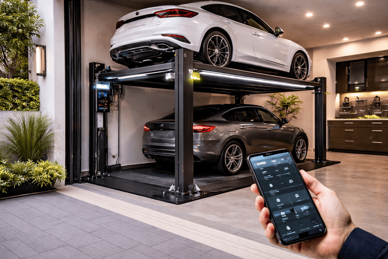 Parking lift inteligente automatizado para vivienda en garaje moderno con sensores, iluminación LED y plataforma elevando un auto