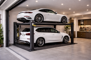 Parking lift para vivienda unifamiliar particular instalado en garaje moderno con plataforma hidráulica y dos autos