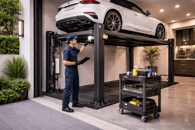 Mantenimiento de parking lift residencial para vivienda realizado por técnico en garaje moderno con plataforma elevando un auto