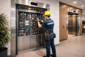 Técnico realizando mantenimiento preventivo en elevadores comerciales de alto tráfico en edificio corporativo
