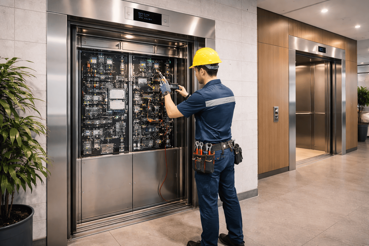 Técnico realizando mantenimiento preventivo en elevadores comerciales de alto tráfico en edificio corporativo