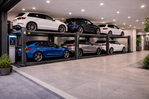 Parking lift automotriz para desarrollos inmobiliarios instalado en estacionamiento subterráneo moderno con plataformas dobles