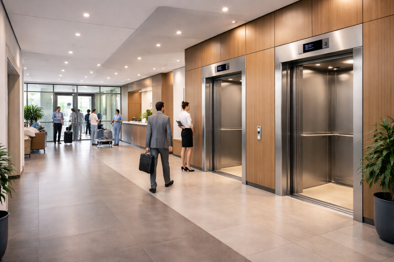 Elevadores comerciales para hoteles clínicas y oficinas en edificio moderno con alto flujo de personas