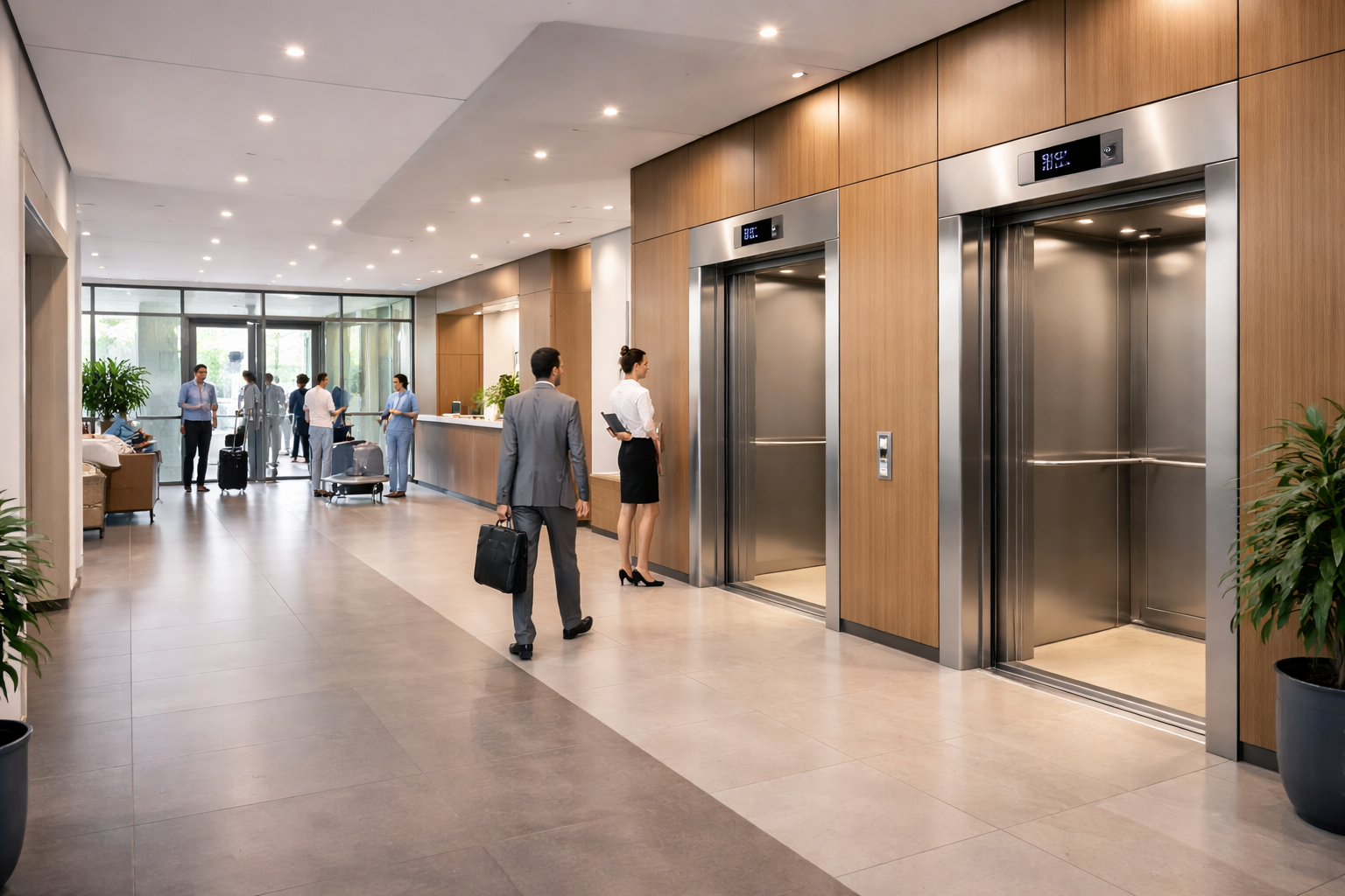 Elevadores comerciales para hoteles clínicas y oficinas en edificio moderno con alto flujo de personas