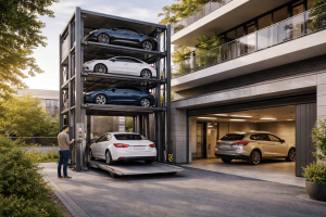 Sistema de estacionamiento vertical residencial inteligente en edificio moderno con elevador automático para autos