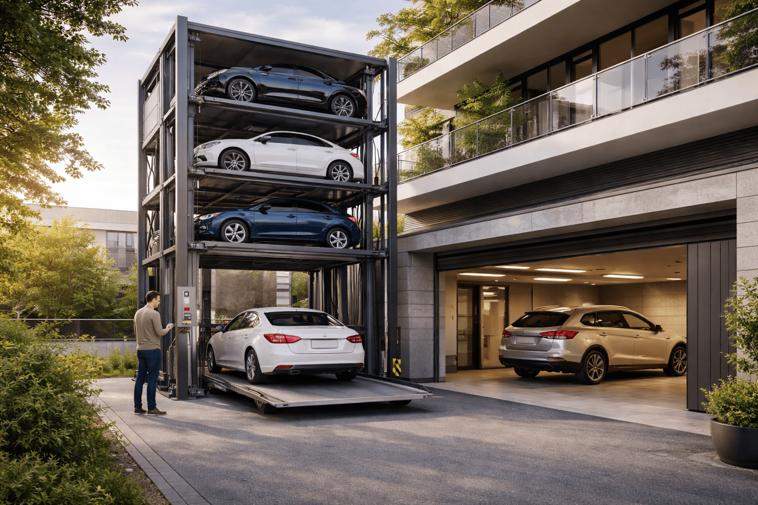 Sistema de estacionamiento vertical residencial inteligente en edificio moderno con elevador automático para autos