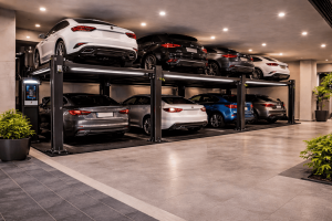 Parking lift moderno para edificios residenciales instalado en estacionamiento subterráneo con plataformas automáticas y varios autos
