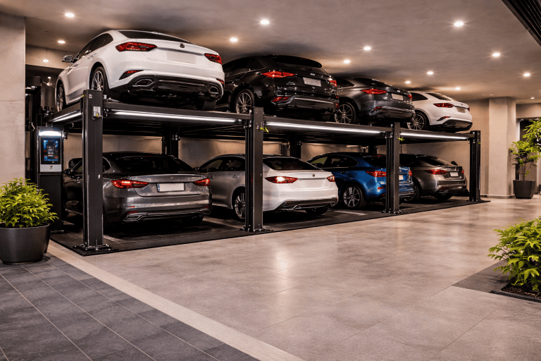 Parking lift moderno para edificios residenciales instalado en estacionamiento subterráneo con plataformas automáticas y varios autos