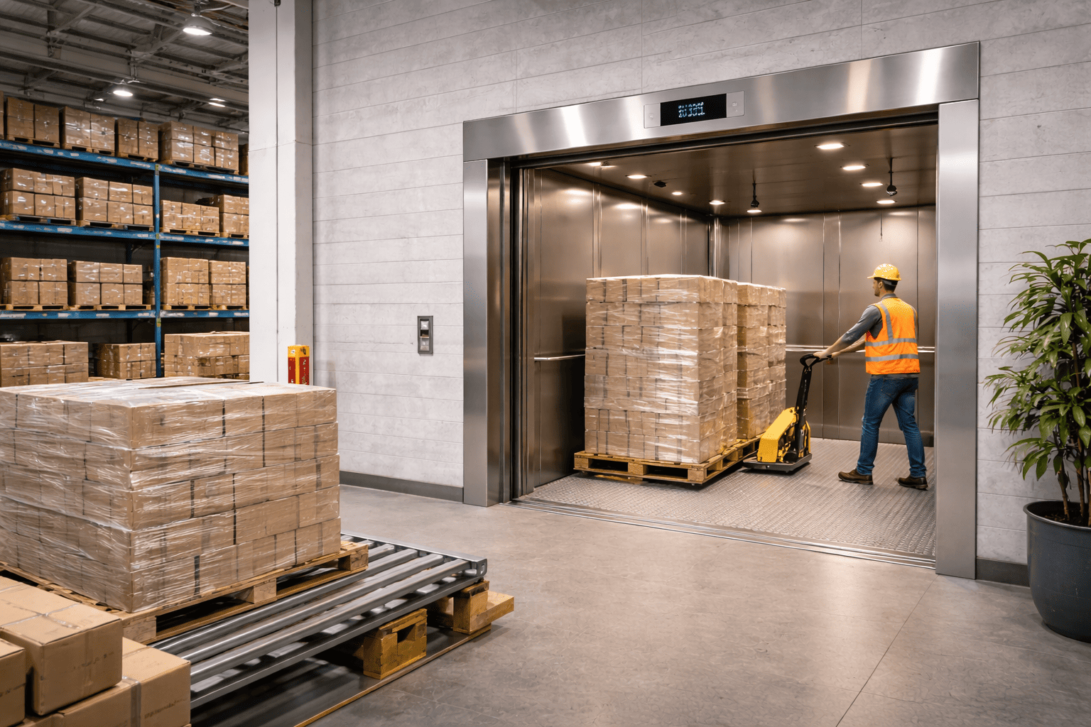 Montacargas industrial transportando pallets en bodega logística según flujo de carga vertical