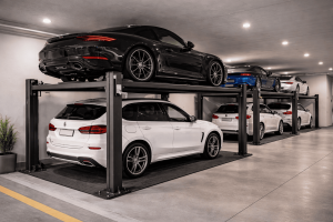 Parking lift residencial para condominios verticales instalado en estacionamiento subterráneo moderno con doble plataforma